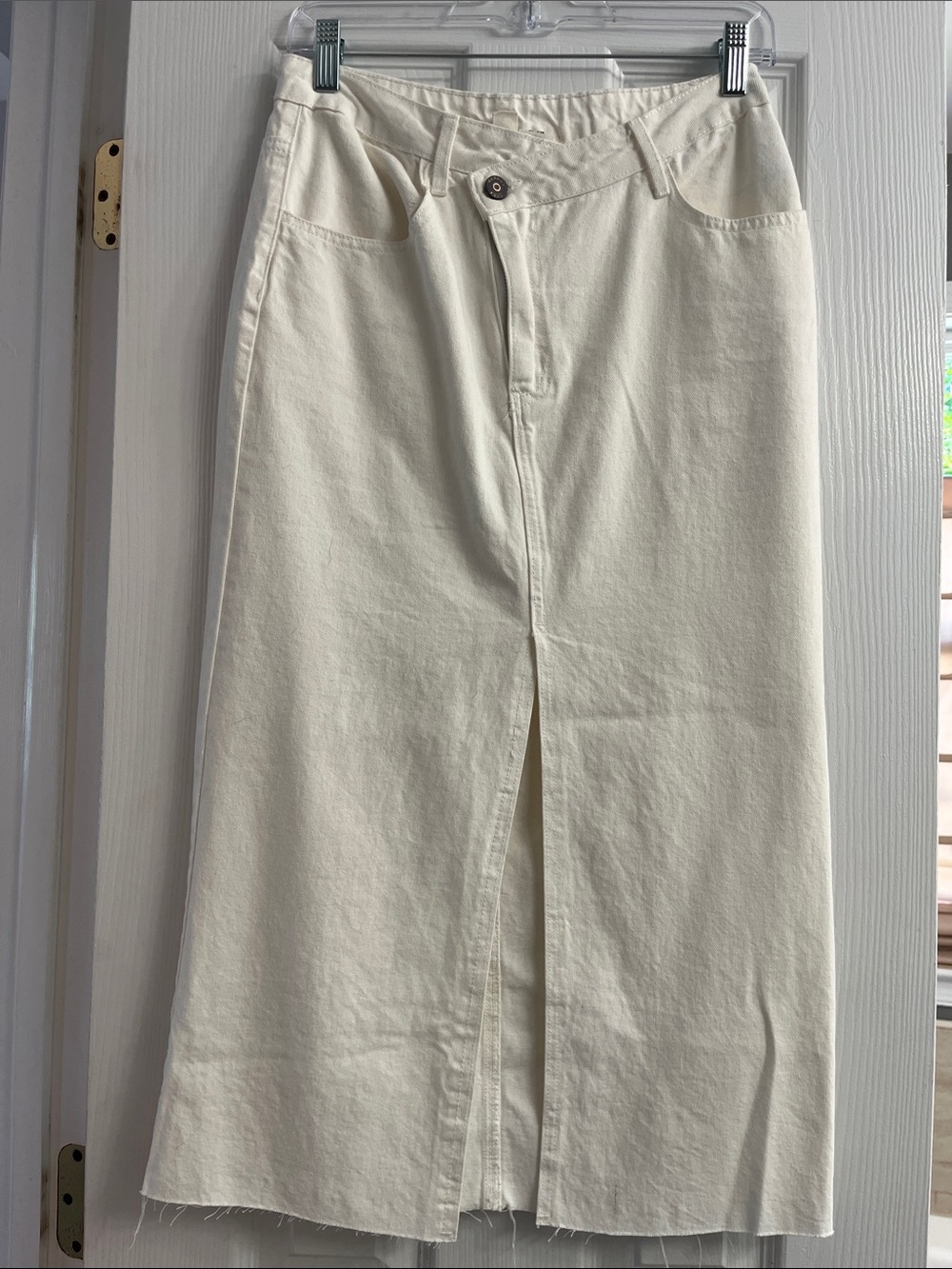 Off-White Cream Midi Jean Denim Skirt with Front Slit and Button Waist